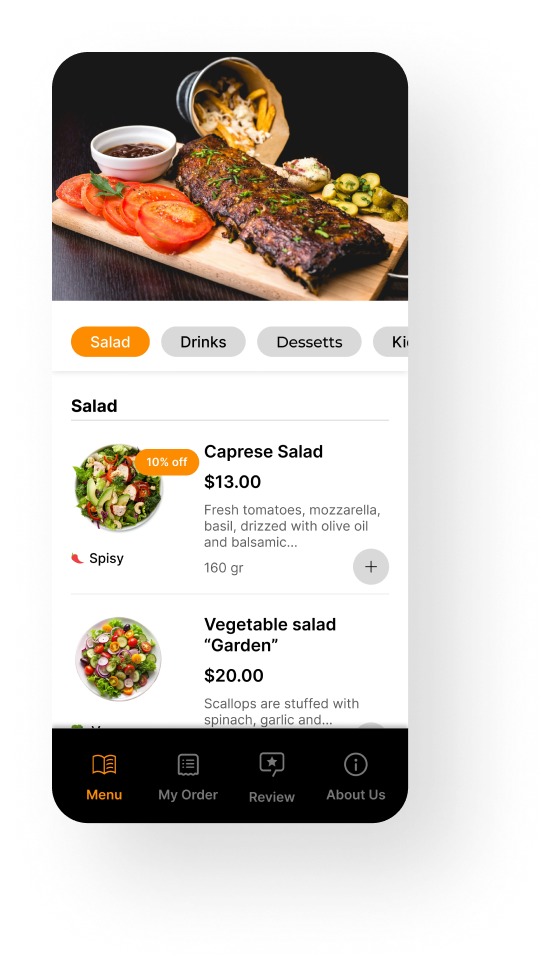 SmartMenu mobile app menu screen
