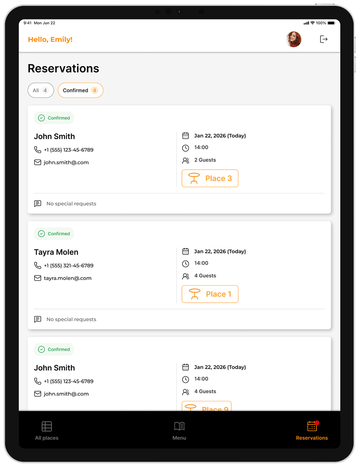 SmartMenu reservation management