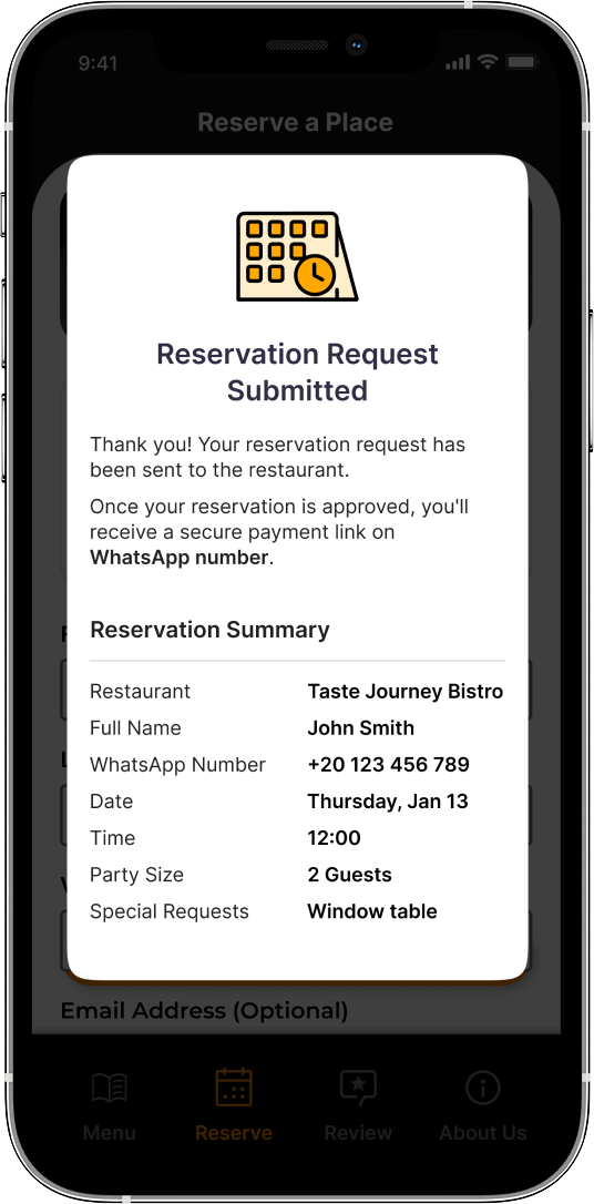 SmartMenu reservation confirmation